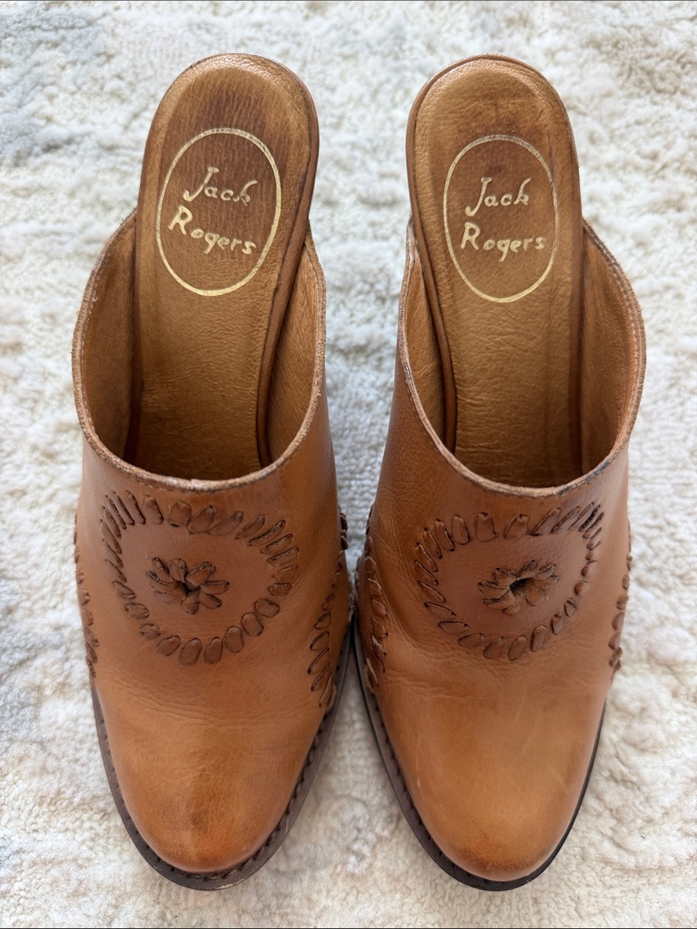 Jack Rogers Tan Leather Slip-On Clog Mules with Stitched Medallions